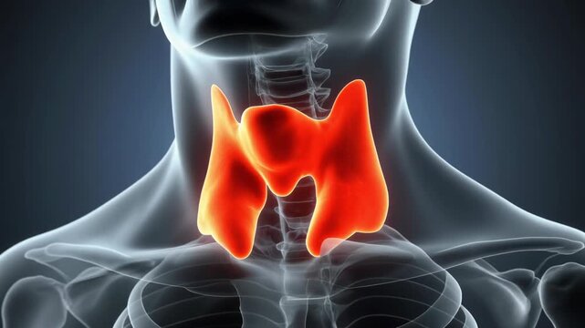 3D rendered transparent human torso highlights the anterior view of the glowing red thyroid gland, illustrating endocrine system function and anatomical location.