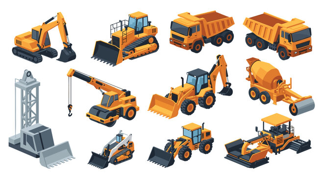 Isometric yellow construction machinery including heavy excavators and powerful bulldozers stands ready for professional work on a clean white backdrop.