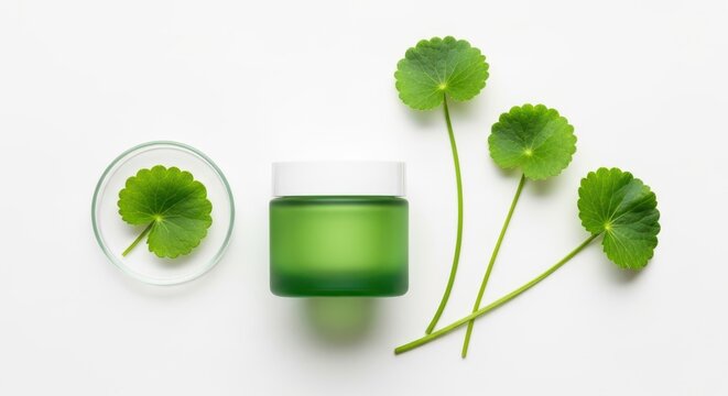 Green cosmetic cream jar with centella asiatica leaves isolated on white background