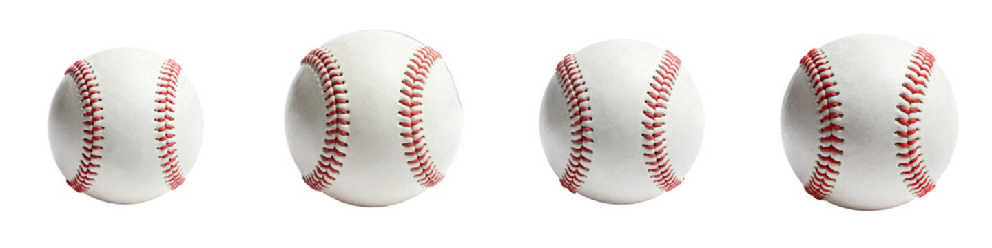 Four baseballs in a row display the details of the red stitching and white covering