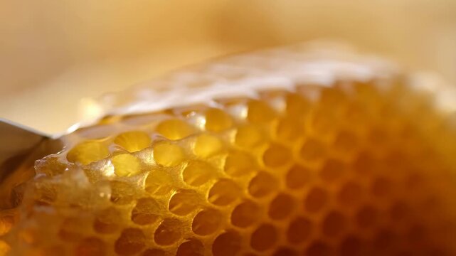 Honeycomb with knife slicing into golden sweet liquid, close-up macro shot, natural texture detail featuring honey, bee product, food with