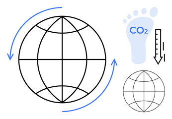 Obraz premium Climate change, carbon emissions, sustainability, environmental impact, global warming, ecological conservation. World globe with an arrow and CO2 footprint. Climate change and carbon emissions