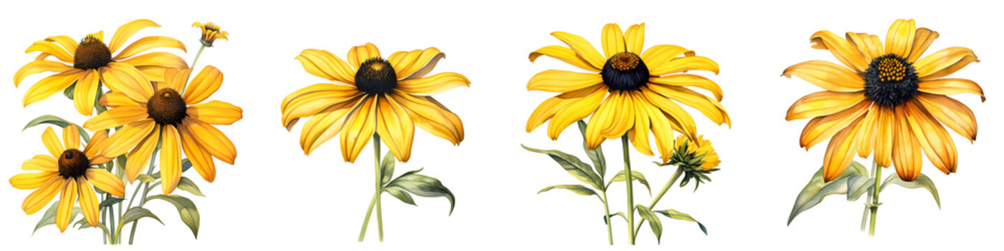 Beautiful sunflowers in full bloom showcasing their vibrant yellow petals on black background