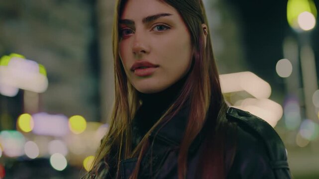 Portrait of a young woman against the background of night lights. Portrait luxury woman dusk street looking camera. Portrait of charming female. Model posing urban avenue.Natural beauty lady on street