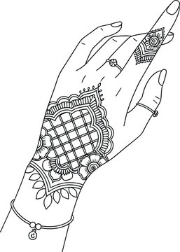 Elegant female hand with mehndi design, intricate henna pattern, line art illustration, traditional cultural ornament, detailed decorative hand drawing