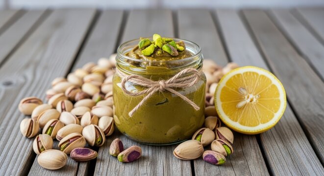 Pistachio cream in a glass jar decorated with twine, surrounded by shelled and unshelled pistachios and a fresh lemon slice on a wooden table