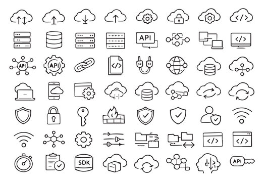 Hand Drawn Cloud Computing and Web Development Icon Set, API, Security, Database and Network Technology Sketch Doodles