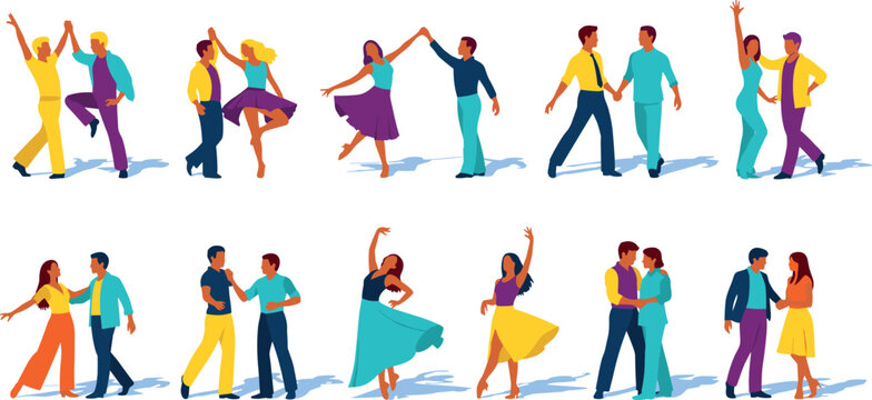 Illustration of People Dancing in Pairs, Colorful Dance Moves in Different Styles for Social Events and Celebrations
