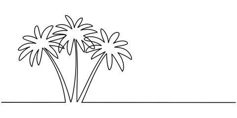 Obraz premium Continuous line drawing of three tropical palm trees standing on a horizontal ground line