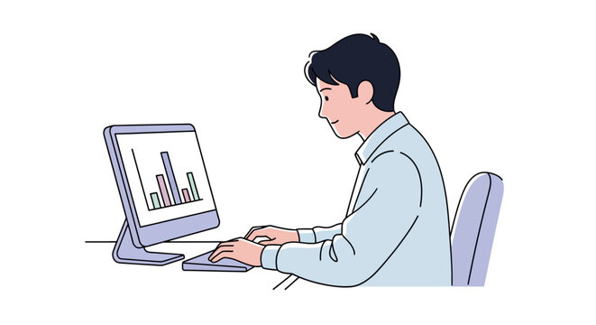 Man working on computer with graph.