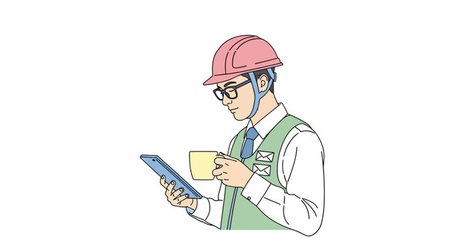Man in hardhat holding tablet device.