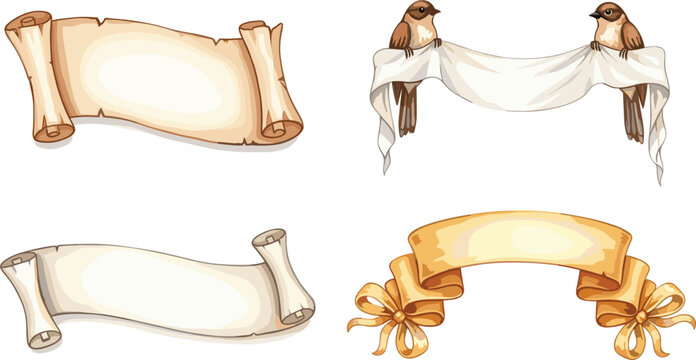 Cute Girls with Dolls and Different OutVintage Scrolls and Banners with Birds and Ribbons, Hand-drawn Vector Illustration"fits, Hand-drawn Vector Illustration for Kids