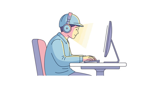 Man Wearing Headphones Using Computer.