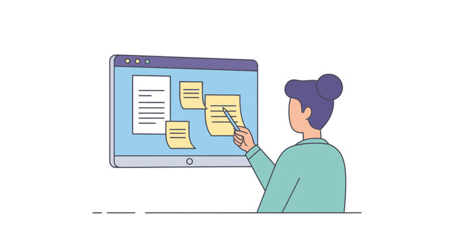 Woman interacting with digital sticky notes.