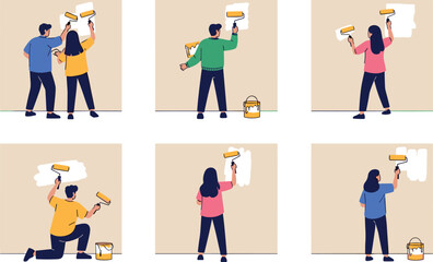 Illustration of People Painting Walls, Diverse Individuals Using Paint Rollers for Home Improvement and DIY Projects © Rtazmina