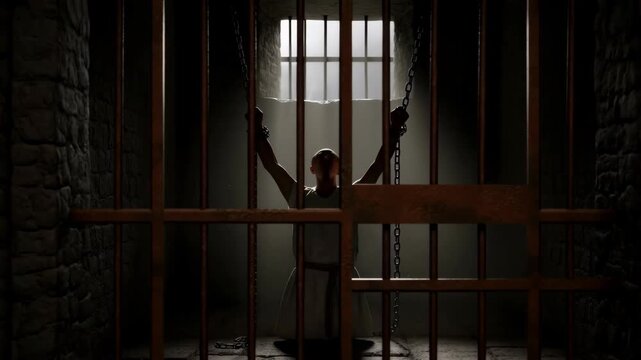 Prisoner behind bars with chains on hands in dark cell featuring jail, silhouette, man with trapped and captive elements for confinement,