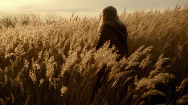 Figure robed standing in a serene wheat field with tall golden grass featuring grain, crops, agriculture with rural and countryside elements for