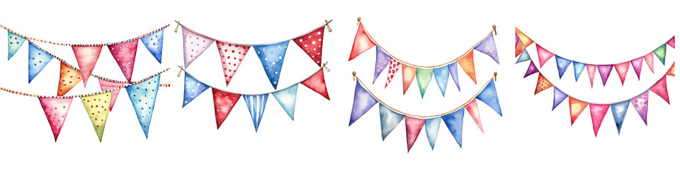 Obraz premium Watercolor painting of colorful bunting banners for celebration and party decoration