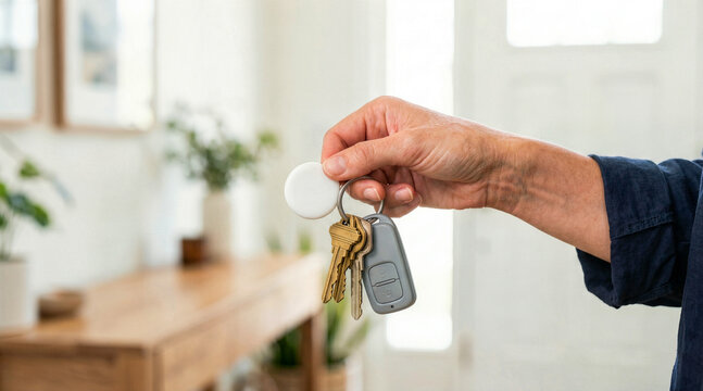 Hand holding a keyring with a white smart tracking tag and car keys. Using a wireless locator device to find lost items in a home entryway