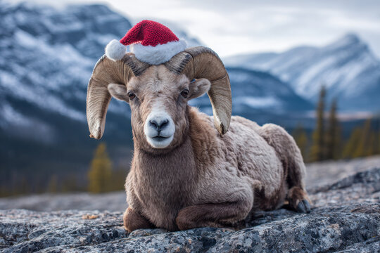 Bighorn sheep wearing a festive red and white holiday hat resting on rocky terrain with snow-capped mountains and pine trees in the background