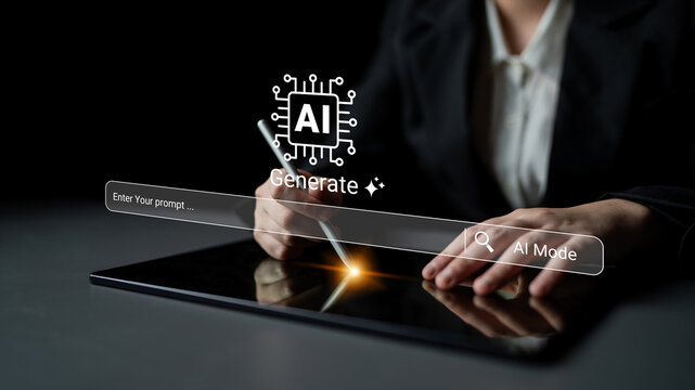 Close-up view of a person using a stylus on a tablet to enter a prompt for AI generation, highlighting the blend of technology and creativity in a modern workspace. Ledger