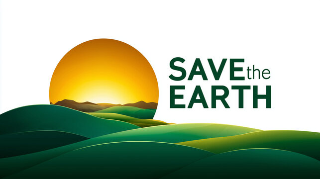 An eco-friendly Save the Earth poster featuring a green landscape and sunrise. An eco-friendly banner for environmental protection with space for text. 