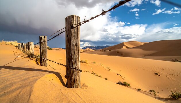 Rustic fence disappearing into desert dunes under dynamic cloudy skies, golden sand, and mountains in the distance