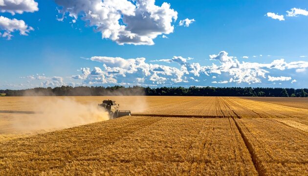 Combine harvester in grain field, symbolizing mechanized farming and agricultural efficiency.