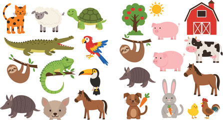 Fototapeta premium Farm and Wild Animal Vector Set with Cats, Pigs, Birds, Reptiles, and Nature Elements for Children's Educational and Fun Designs
