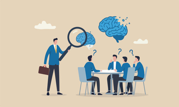 Amnesia remember The style of the illustration is modern, flat design with clean lines and minimal shading with meeting teams together magnifying glass analyze amnesia patient brain