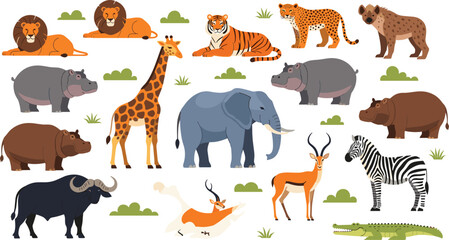 Obraz premium African Safari Animals Collection with Lion, Tiger, Elephant, Giraffe, Zebra, Hippo, Hyena and More Flat Vector Wildlife Illustrations for Nature and Design Projects.