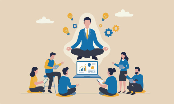 Business guru or,meeting teams together target consultant, smart thinking to solve problem concept, genius businessman sitting meditate working with computer laptop floating in the air