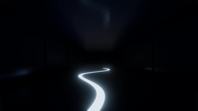 Abstract seamless looped animation of neon light line running wave, lasers and lines bouncing around and moving forward within a dark tunnel. 4K footage video loop. Empty space. 3d animation