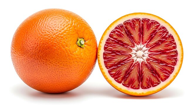 A close-up view of a whole blood orange and a halved blood orange isolated on white background