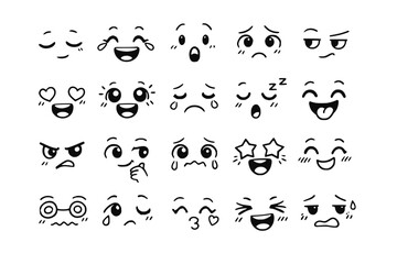 Fototapeta premium Bundle of 18 Playful Character Face Icons with Expressive Emotions in Minimalist Doodle Style