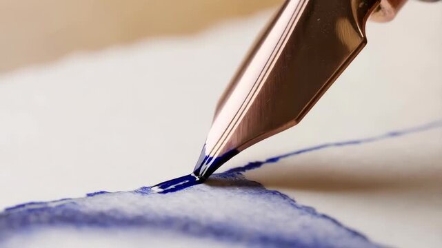 Pen fountain pen with copper nib writing blue ink on textured paper, close-up macro shot featuring calligraphy, detail, metallic with elegant and art