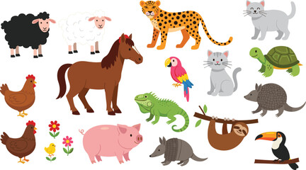 Obraz premium Farm and Wild Animal Vector Set with Sheep, Horse, Parrot, Pig, Leopard, Turtle, and More for Nature and Children's Designs