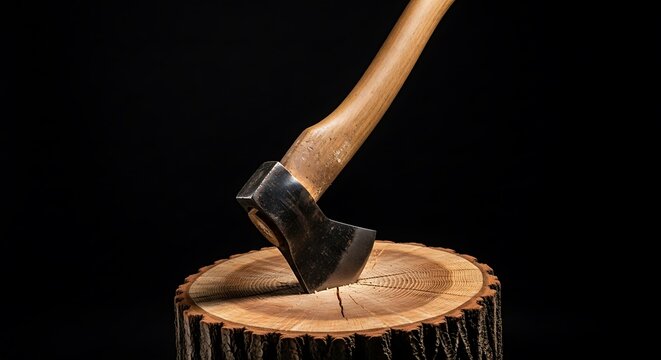 Close-up of an axe embedded in a tree stump, set against a stark black background