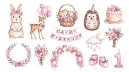 Cute pastel birthday animals and baby party elements with balloons, cake and floral decorations in soft watercolor. Collection of Vector illustrations. Perfect for invitation, card, poster, banner © maria