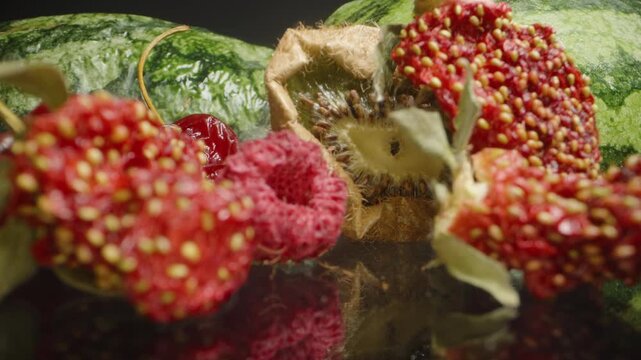 Collection of Dehydrated Fruits Including Strawberries, Raspberries, and Kiwi on Reflective Black Surface. Vibrant Red and Green Textures Highlight Aging Process