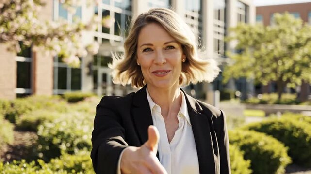 Smiling blonde professional woman in a black blazer and white shirt extending her hand for a handshake outdoors in front of a modern corporate office building on a sunny day.