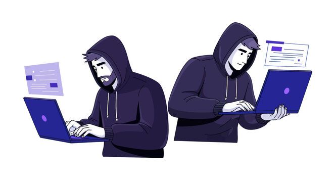 Illustration of two hooded hackers using laptops for cyber security and data breach concept