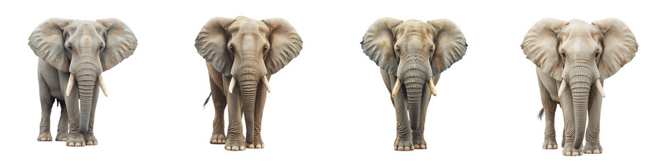 Obraz premium Four elephants stand side by side against a solid black backdrop in a studio setting
