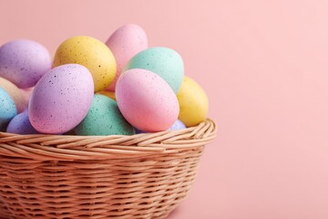 Fototapeta premium Wicker Basket Filled With Painted Eggs on Soft Pastel Background in High Resolution for Seasonal Decoration and Celebration