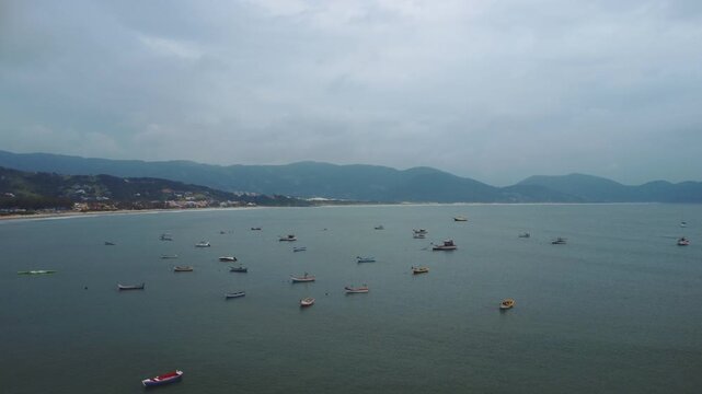 Garopaba Bay Drone View with Fishing Boats, Turquoise Sea and Rocky Coastline