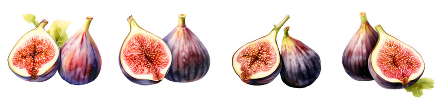 Watercolor illustration of whole and halved figs on a black background creates an elegant display