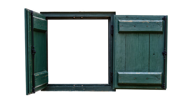 Isolated old green wooden window with open shutters, weathered and distressed with peeling paint