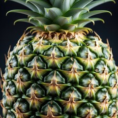 Fototapeta premium Detailed macro shot of the textured skin and spiky leaves of a fresh, whole tropical pineapple, highlighting ripe yellow and green coloration, spiky, skin, texture