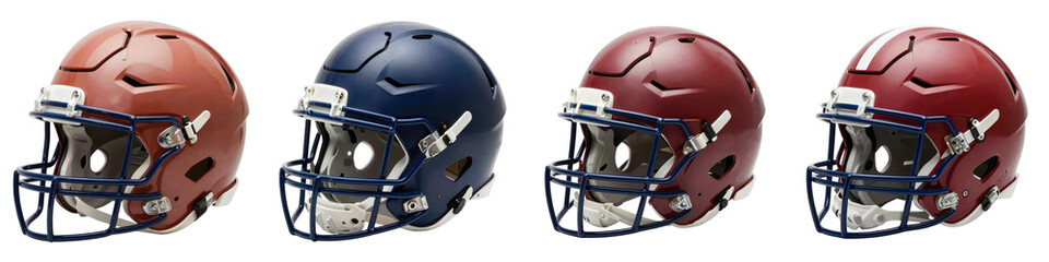 Fototapeta premium Variety of colorful american football helmets sit in a row ready for the game