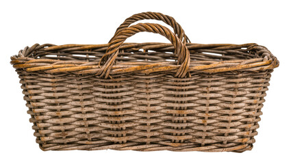 Obraz premium Isolated rustic empty wicker basket with two twisted handles, a traditional woven storage container.